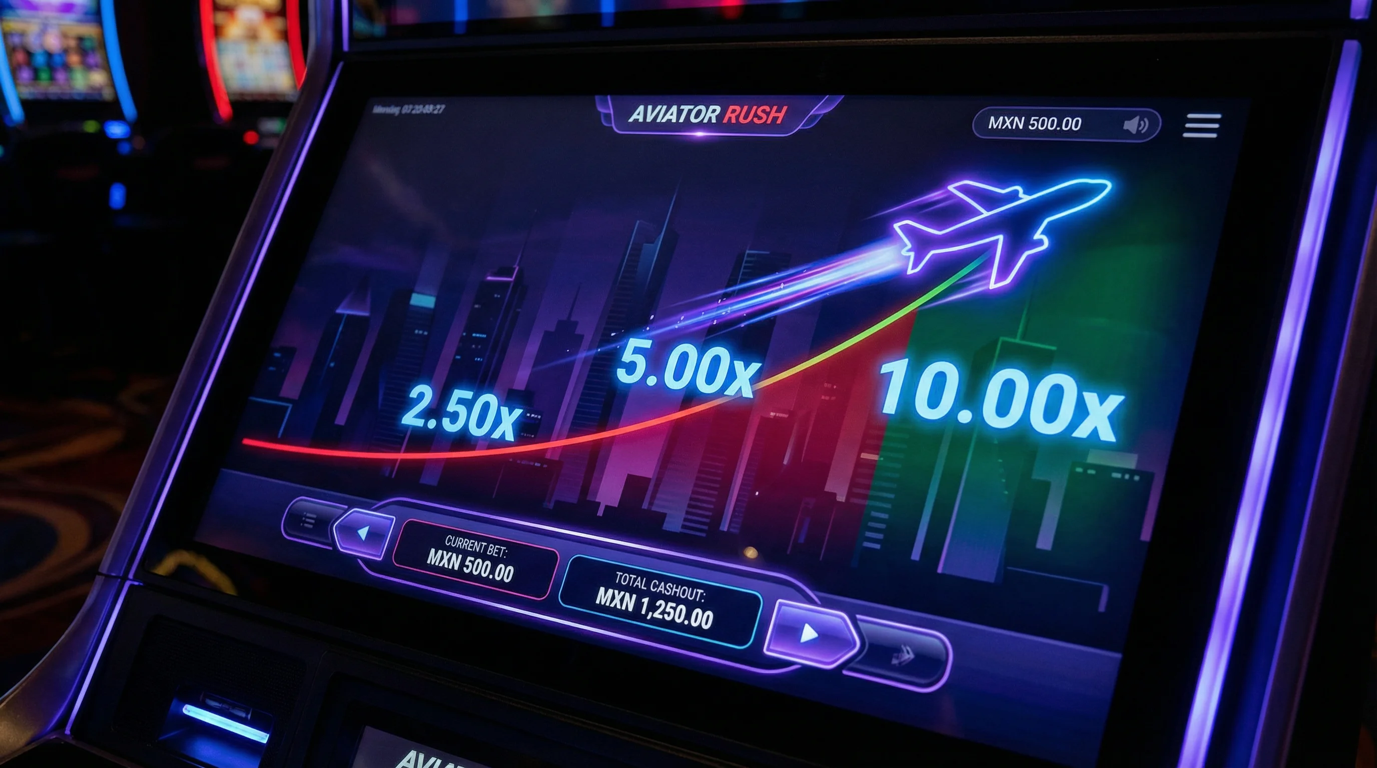 Pantalla del juego Aviator mostrando avión despegando con multiplicador 10x y apuestas en MXN