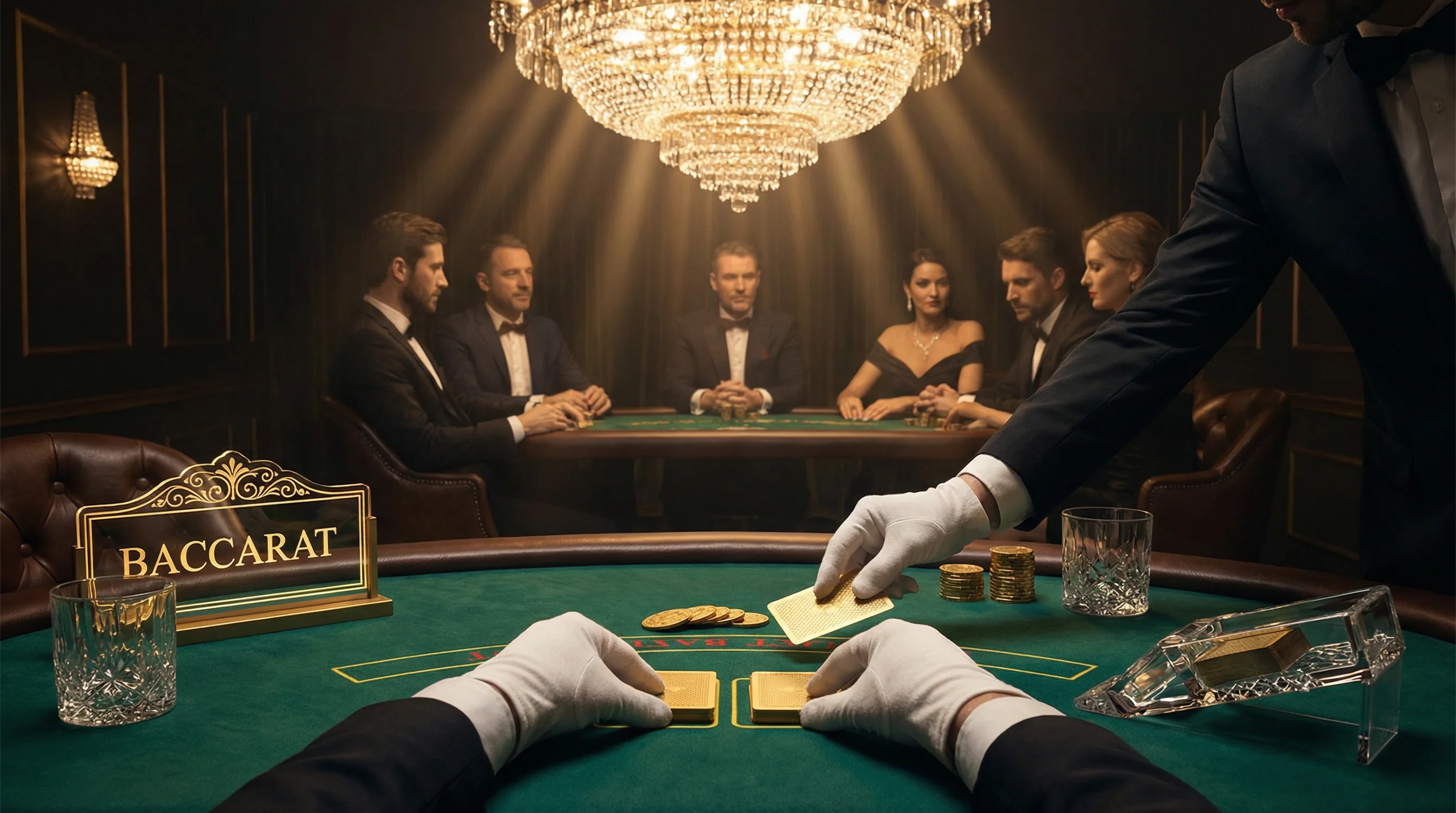 Mesa de bacará elegante con crupier repartiendo cartas doradas