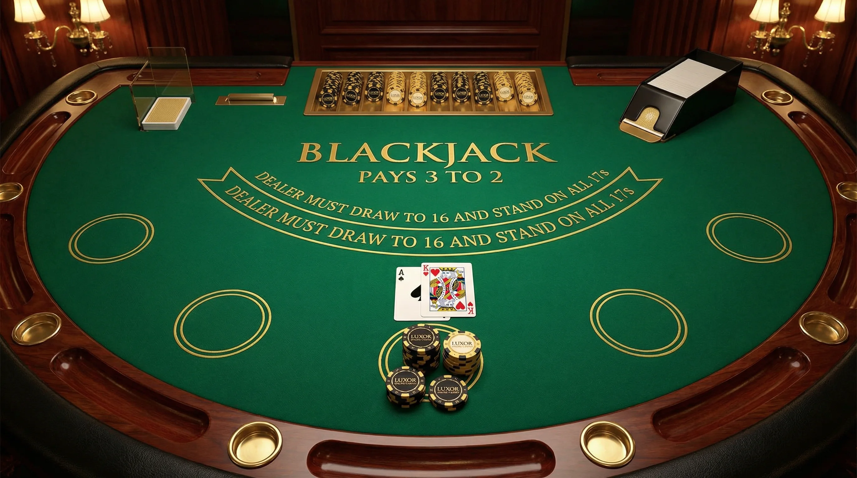 Mesa de blackjack profesional con cartas As y Rey mostrando blackjack