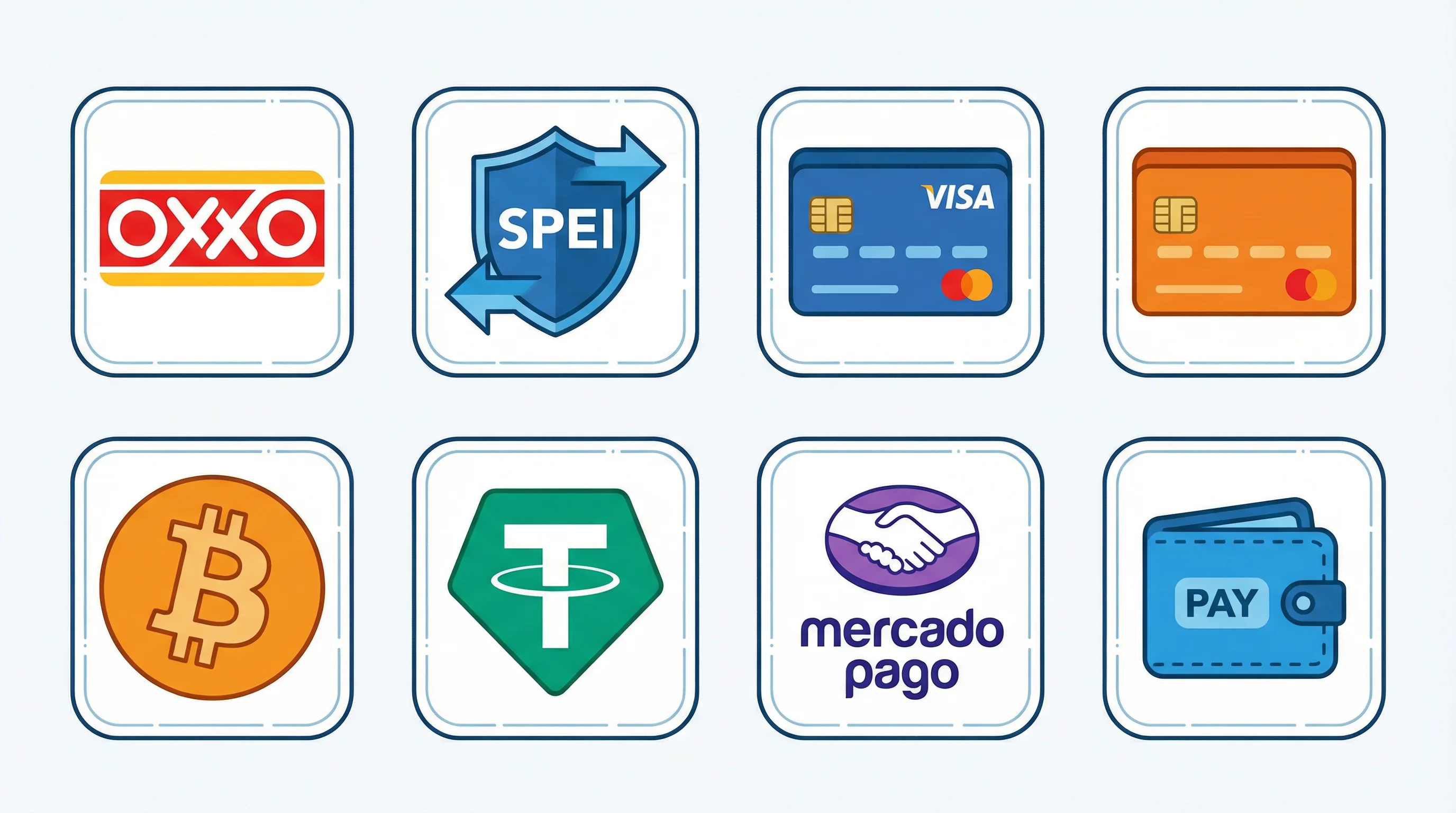 Métodos de pago OXXO SPEI Visa Mastercard
