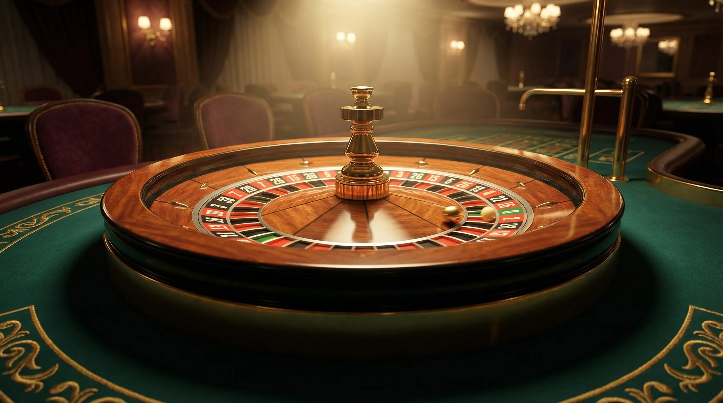 Ruleta europea girando con bola dorada sobre mesa de casino verde