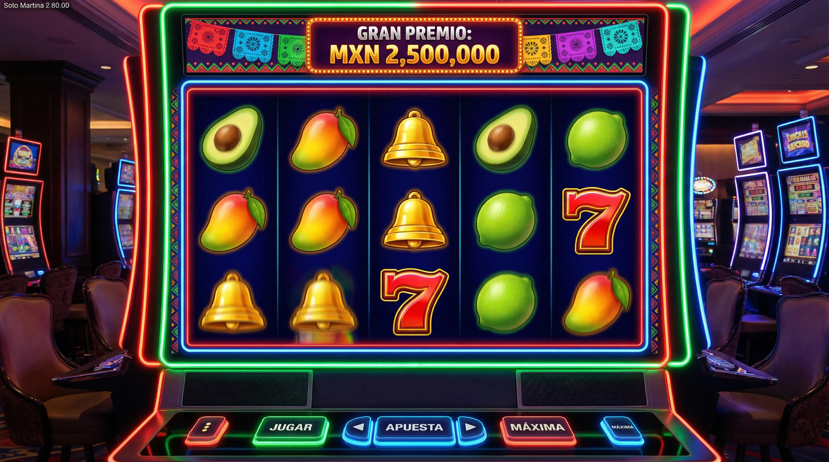Tragamonedas con símbolos de frutas, campanas y sietes de la suerte